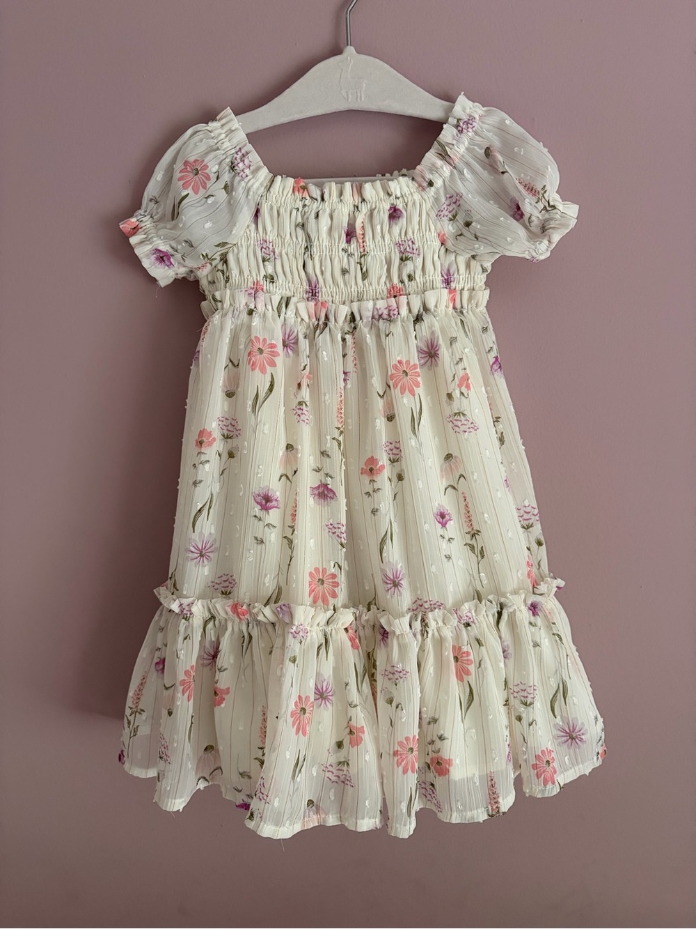 Baby Girl Cream Floral Smocked Puff-Sleeve Dress